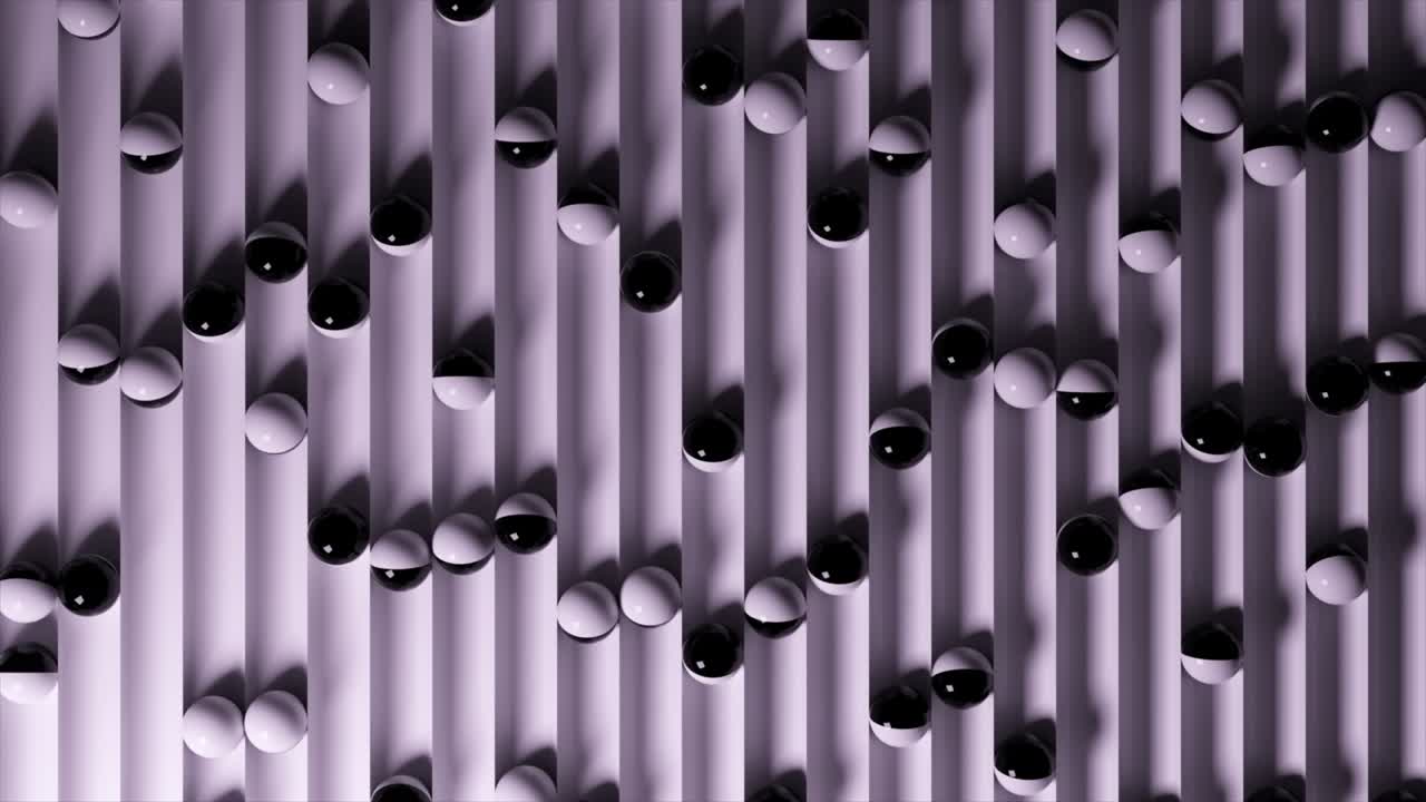 Bright colorful background with rolling balls along the paths. Plastic ball rolling in geometry deepening. 3d animation of a seamless loop