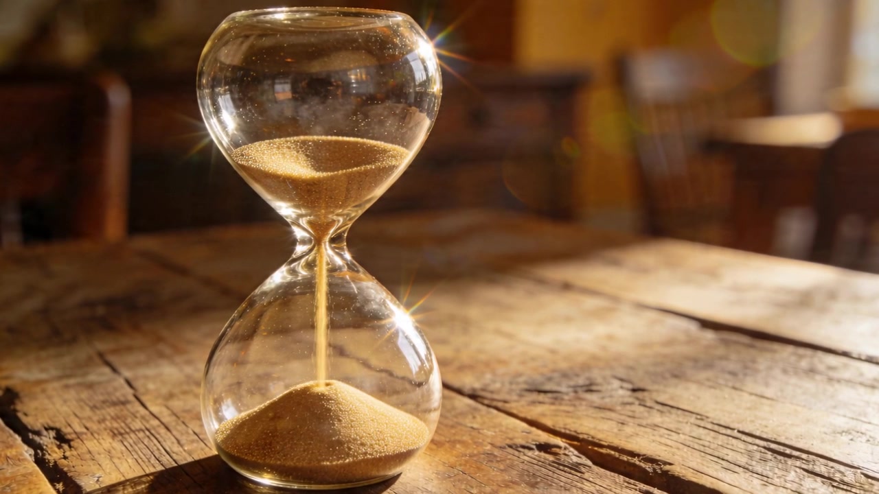 Glass hourglass resting on rustic wooden table, gravity pulling golden sand down, marking time