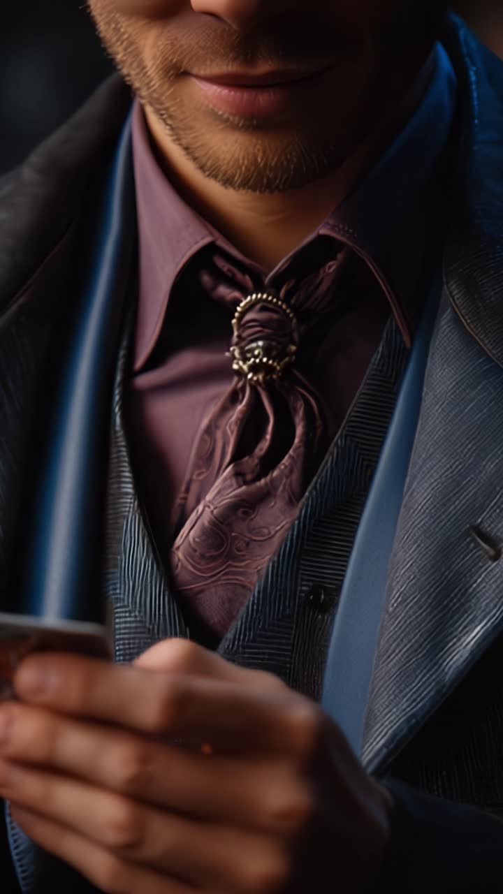 Homem elegantemente vestido com gravata estilosa e expressão atenta, segurando um smartphone, incorpora sofisticação e modernidade nesta narrativa visual cativante.