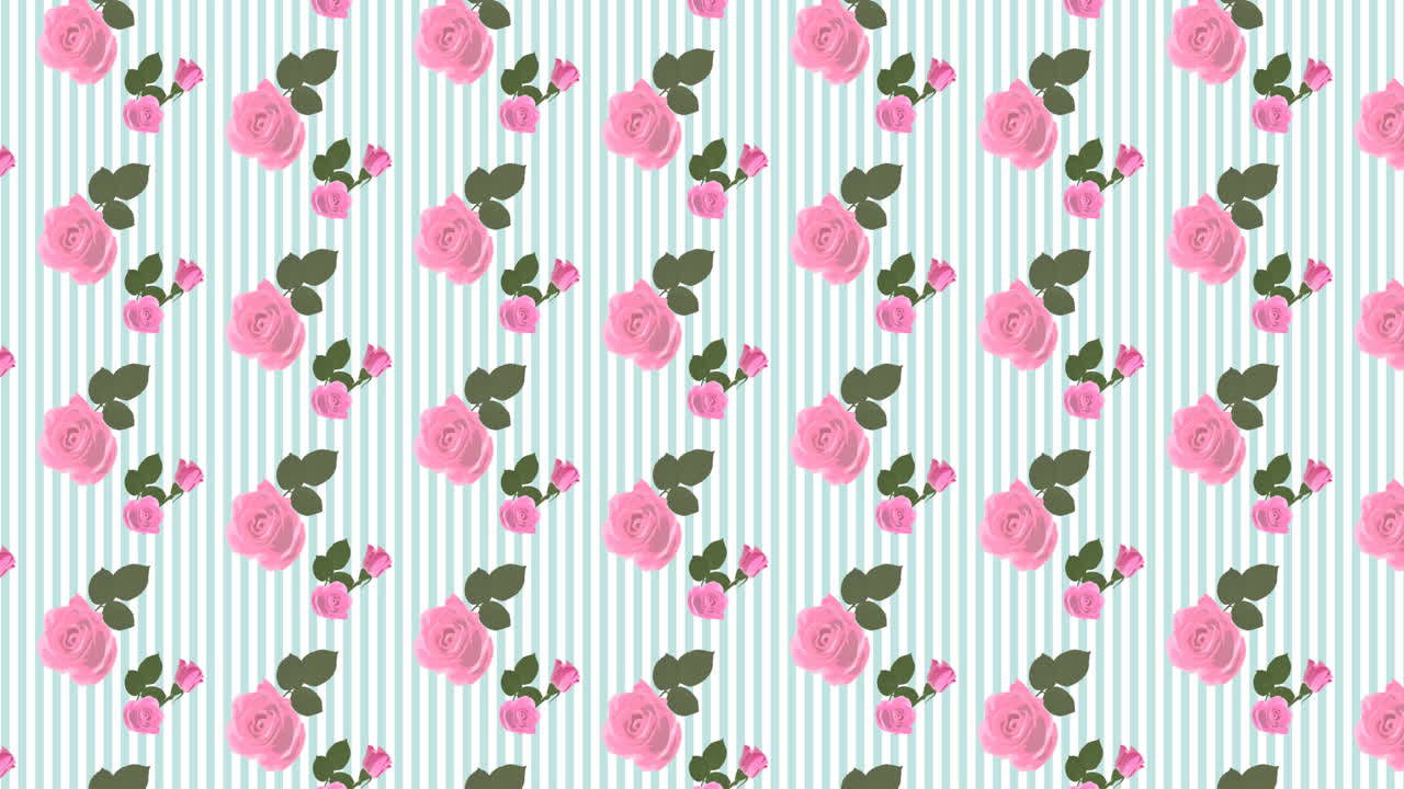 Digital animation af roseblomsterikoner, der bevæger sig i et sømløst mønster mod en stribet baggrund