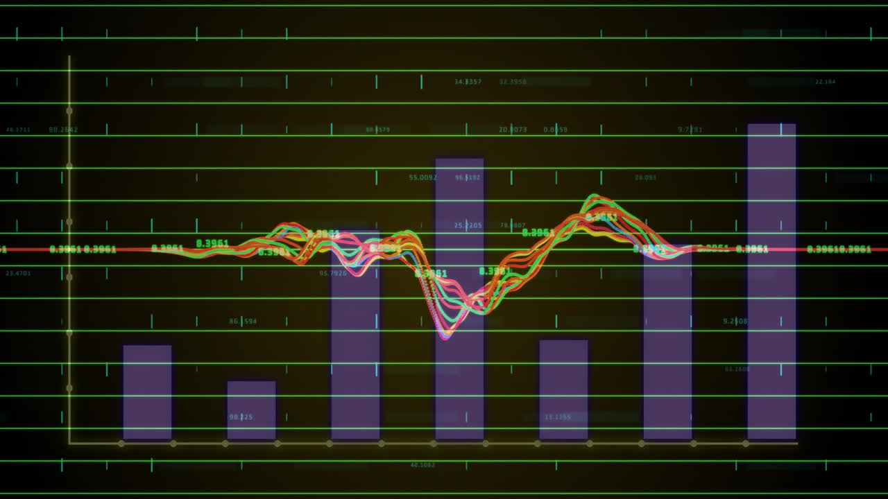 Displaying abstract data visualization with neon grid, purple bars and multicolored wavy lines
