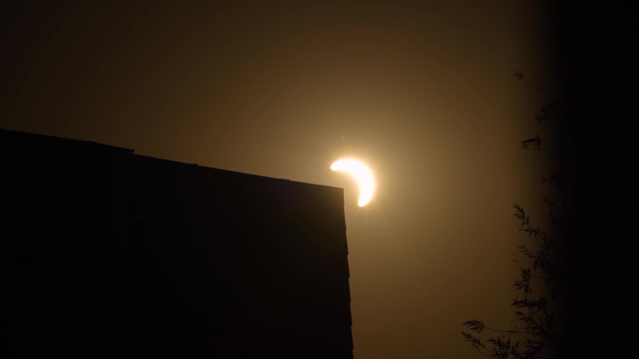 Delvis solformørkelse, der fremstår som en lys halvmåneformet sol over en mørk tag-silhuet, med diset gylden himmel og trægrene synlige om dagen i Hampshire, England