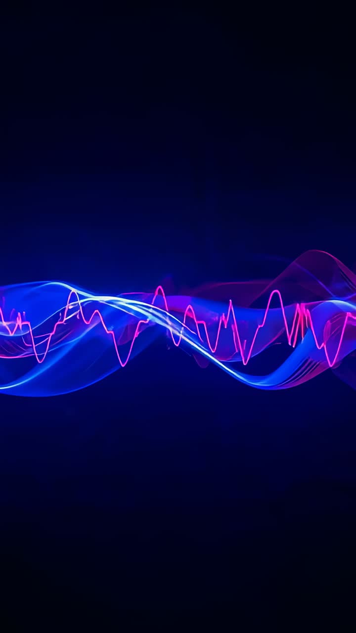 Vertical video: Animating blue ribbon and magenta jagged trace oscillating across dark navy canvas