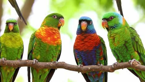 vibrant display of colorful parrots on a branch, showcasing their stunning plumage and playful interaction in a serene natural setting