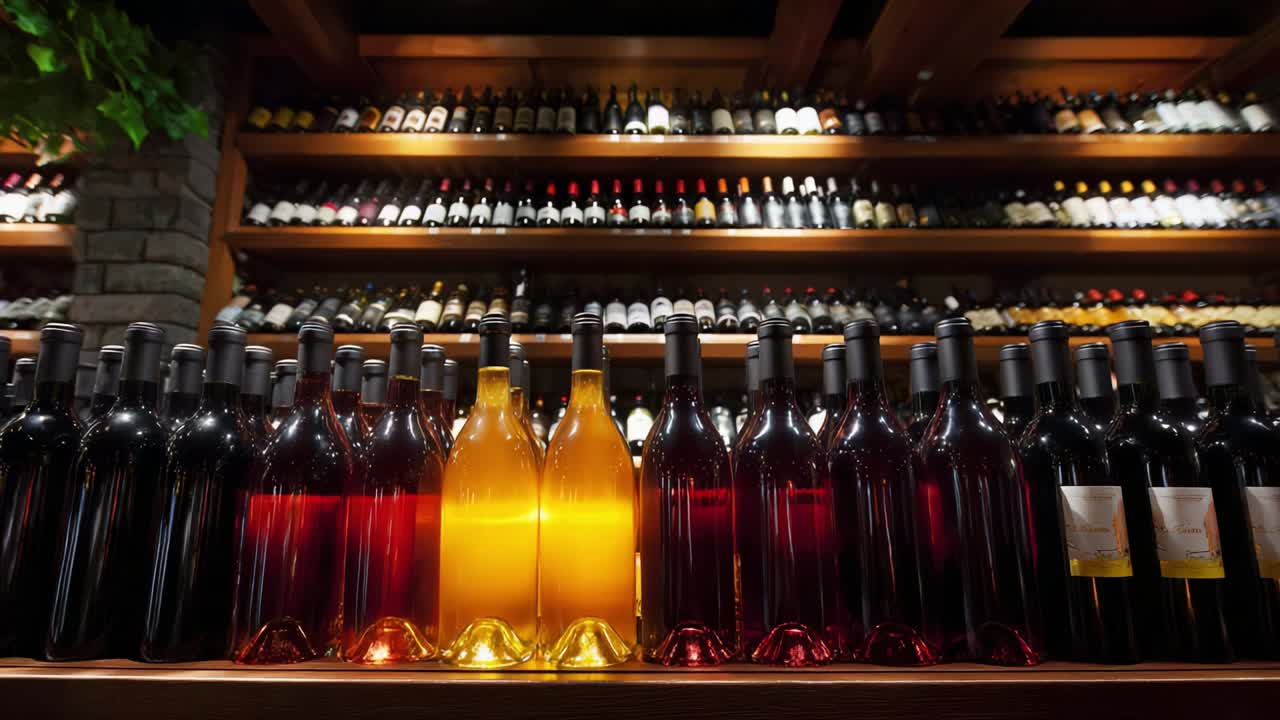 A vibrant display of various wine bottles lined up against a rustic wooden background showcases a colorful array of reds, yellows, and deep hues, highlighting the beauty of wine selection in an elegant environment