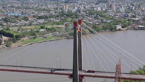 aerial view of traffic on bartolome mitre cable-stayed bridge. parana de las palmas river. buenos aires, argentina.