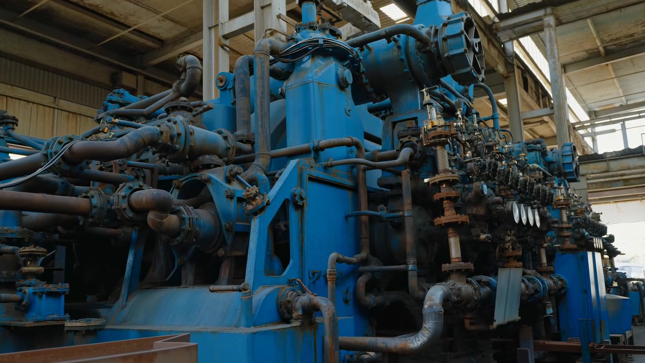 Industrial machinery showing visible action, in factory interior, with blue industrial equipment, white pipes, from a side view perspective, with blue, white accents, and neutral mood.
