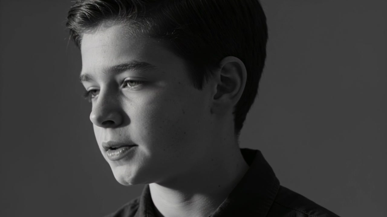 Responding teenage male speaking to off-frame prompt at studio grey backdrop, dark shirt lit left