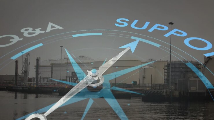 Animation of compass with q and a and support text over city