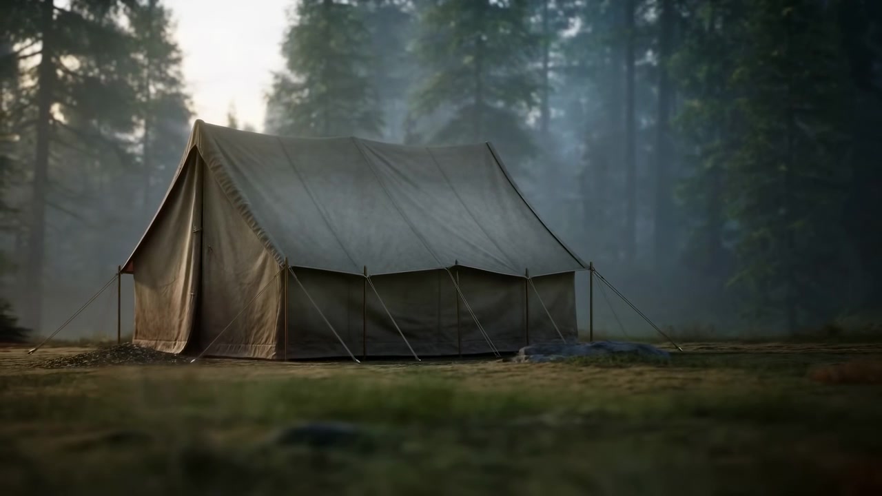 Tenda stazionaria in una foresta, con alberi, texture di legno e tessuto, da una prospettiva all'altezza degli occhi, con accenti verdi e marroni, e un'atmosfera pacifica e serena, dettaglio nitido.
