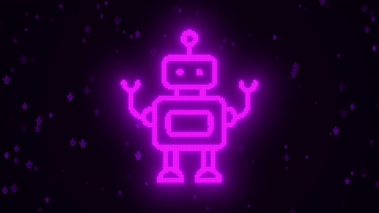 Icona robot in pixel art viola neon con particelle fluttuanti.