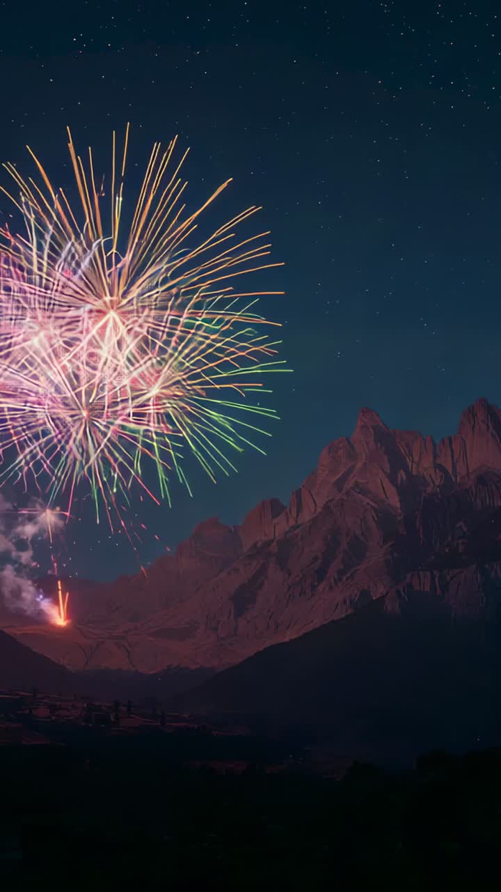Vertical video: Igniting fuse, shells shooting bursting blooms lighting peaks at night, copy space