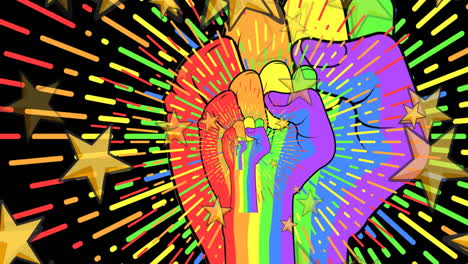 animación de estrellas y puño de arco iris sobre fondo negro