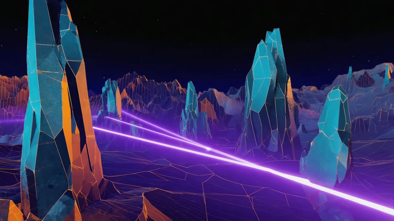 Futuristic Crystal Landscape with Purple Beams