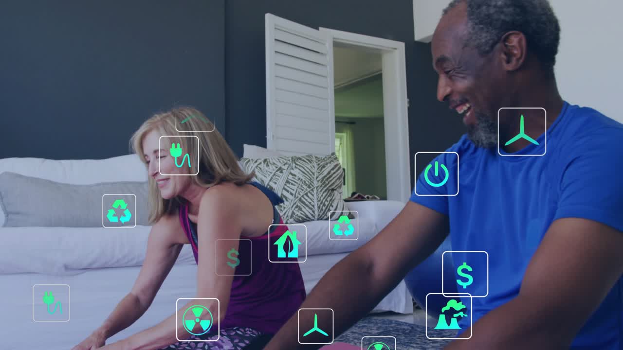 Woman leading stretch for fitness man mirroring in living room teal eco icons floating around them