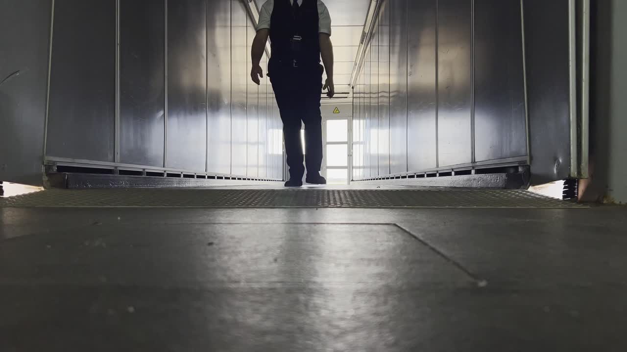Low-angle view of a male airport staff member walking towards the camera down a long, metallic jet bridge. Travel and aviation industry concept