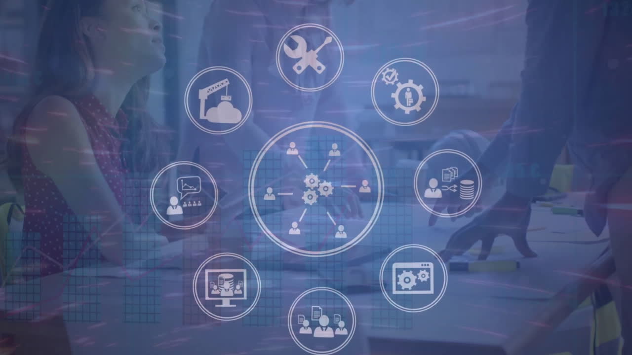 animación de la red de iconos sobre diversas personas de negocios en la oficina