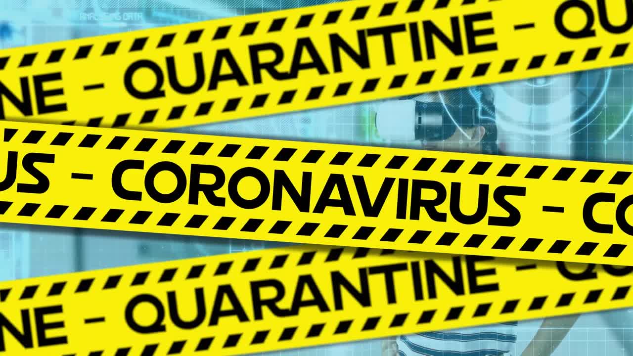 vr 헤드 ⁇ 을 착용한 여성의 테이프에 코로나 19 텍스트의 애니메이션