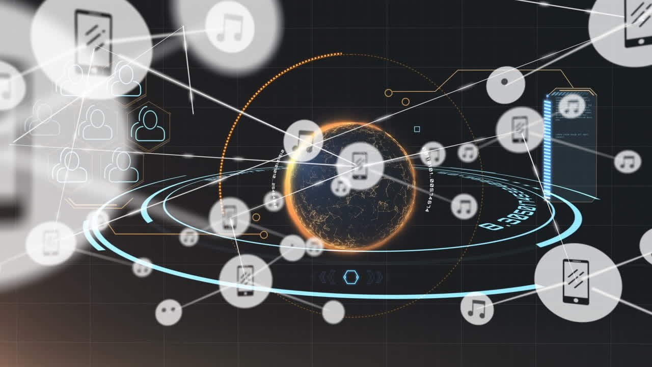 сеть цифровых иконок против против вращающегося глобуса над круглым сканером на черном фоне