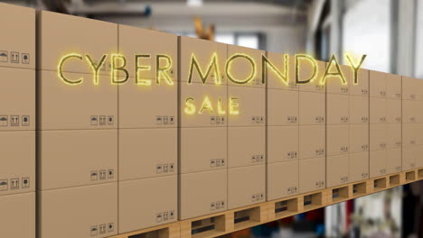 animation of cyber monday sale text over cardboard boxes on conveyor belt