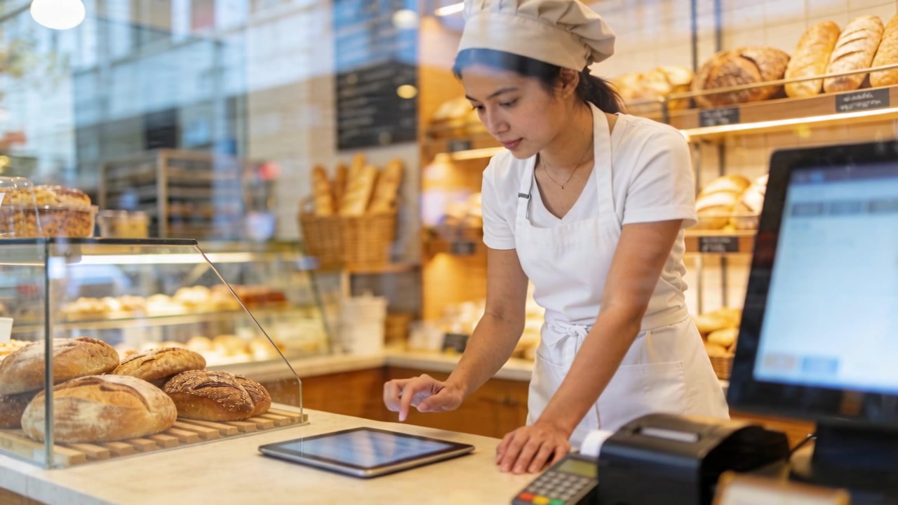 Tablet che si illumina, dipendente di panetteria con cappello beige e grembiule che tocca il tablet al bancone, con vetrina.