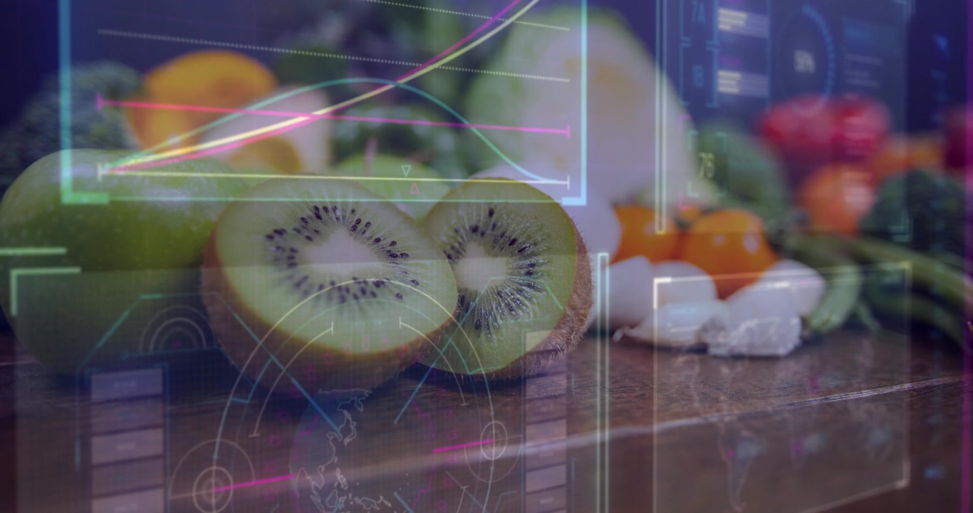 Sobreposição de HUD aparecendo, escaneando kiwi cortado ao meio, visualizando dados de produtos, gráfico subindo, círculos brilhando.