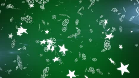 animación digital de copos de nieve y estrellas cayendo contra un fondo verde