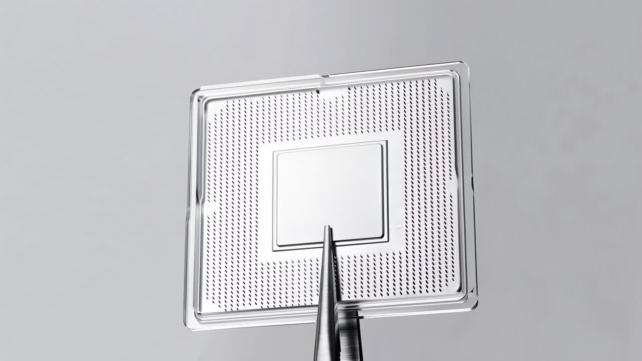 Close-up of a Rotating Microchip Held by Tweezers