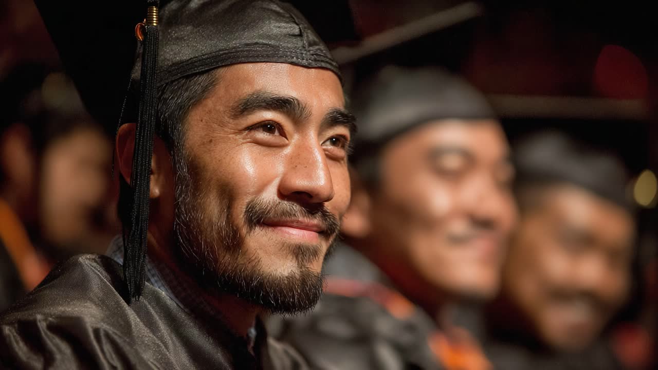 Un momento di orgoglio: espressioni celebrative di laureati in toga e tocco durante una cerimonia di laurea, che sottolineano il successo e la gioia per i risultati ottenuti