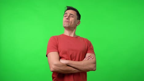 arrogant man. with a red shirt. medium shot.