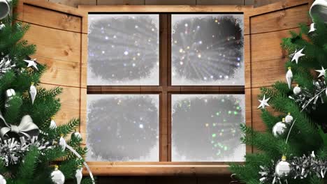 Two-christmas-trees-and-wooden-window-frame-against-fireworks-exploding-on-black-background