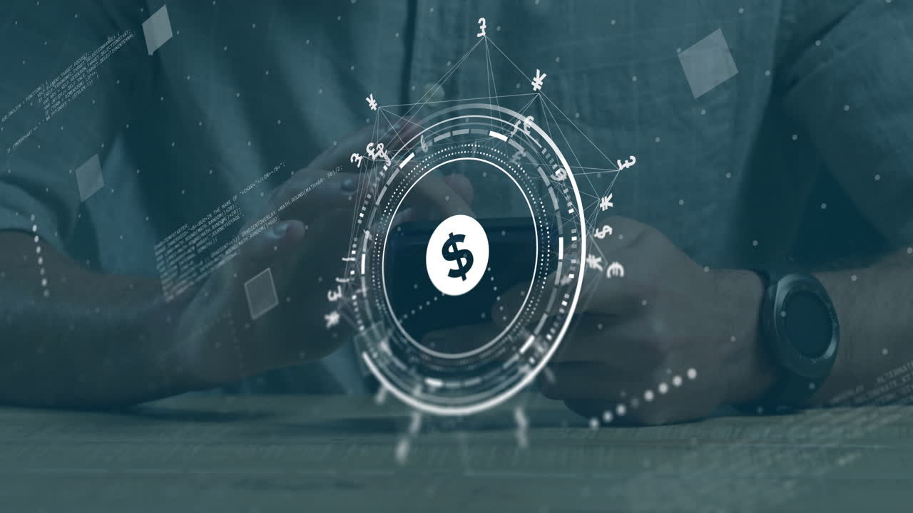 animación del signo del dólar, red y procesamiento de datos sobre el hombre caucásico usando teléfono inteligente