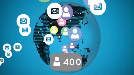 animación de iconos de redes sociales con números en todo el mundo.