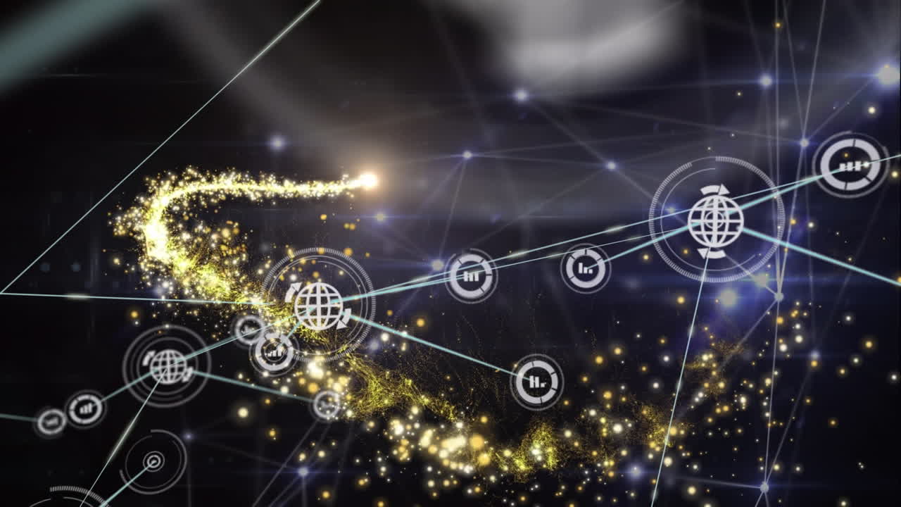 검은색 배경의 밝은 반점 위에 아이콘으로 연결 네트워크의 애니메이션