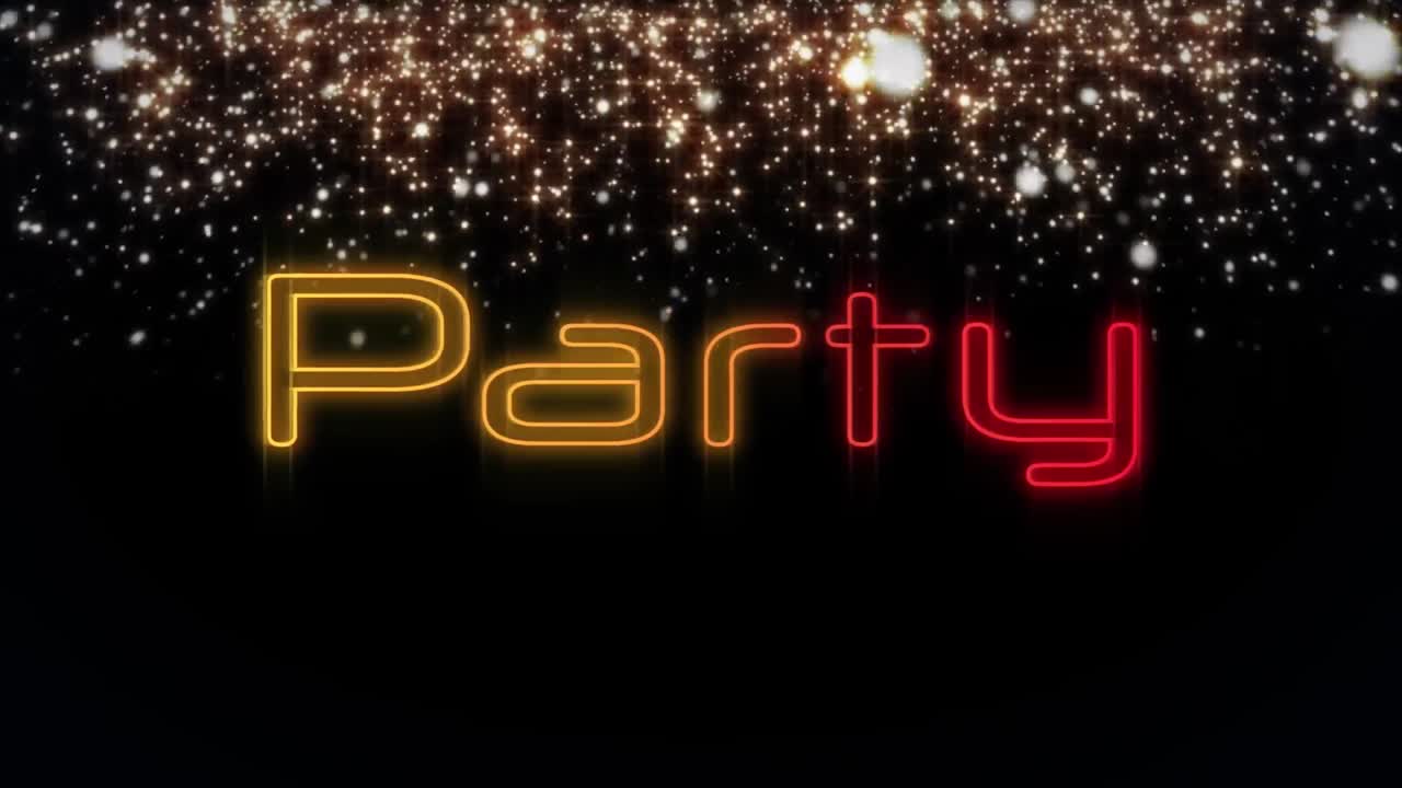 Animation of party text over light spots on black background