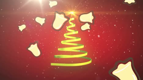 Animation-Von-Weihnachtsbaum,-Glocken-Und-Schnee,-Der-Auf-Roten-Hintergrund-Fällt