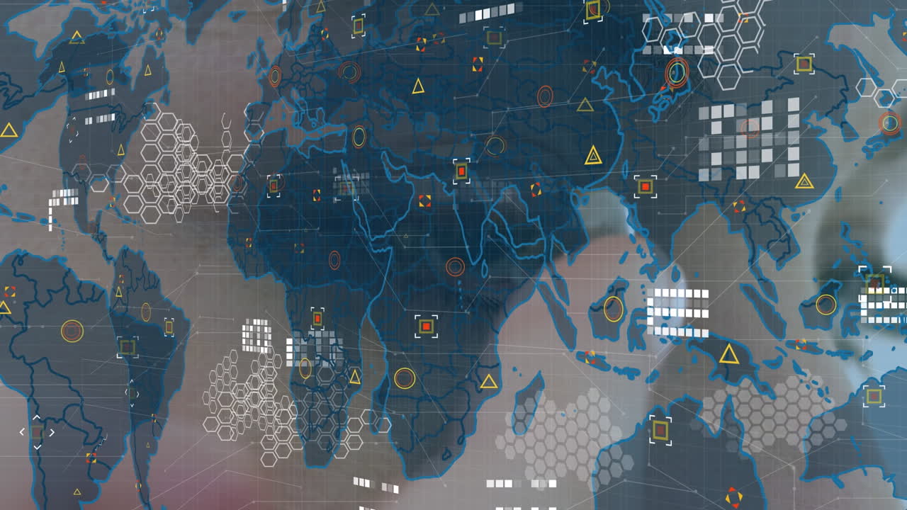 Animation of world map and icons over eyes of caucasian woman
