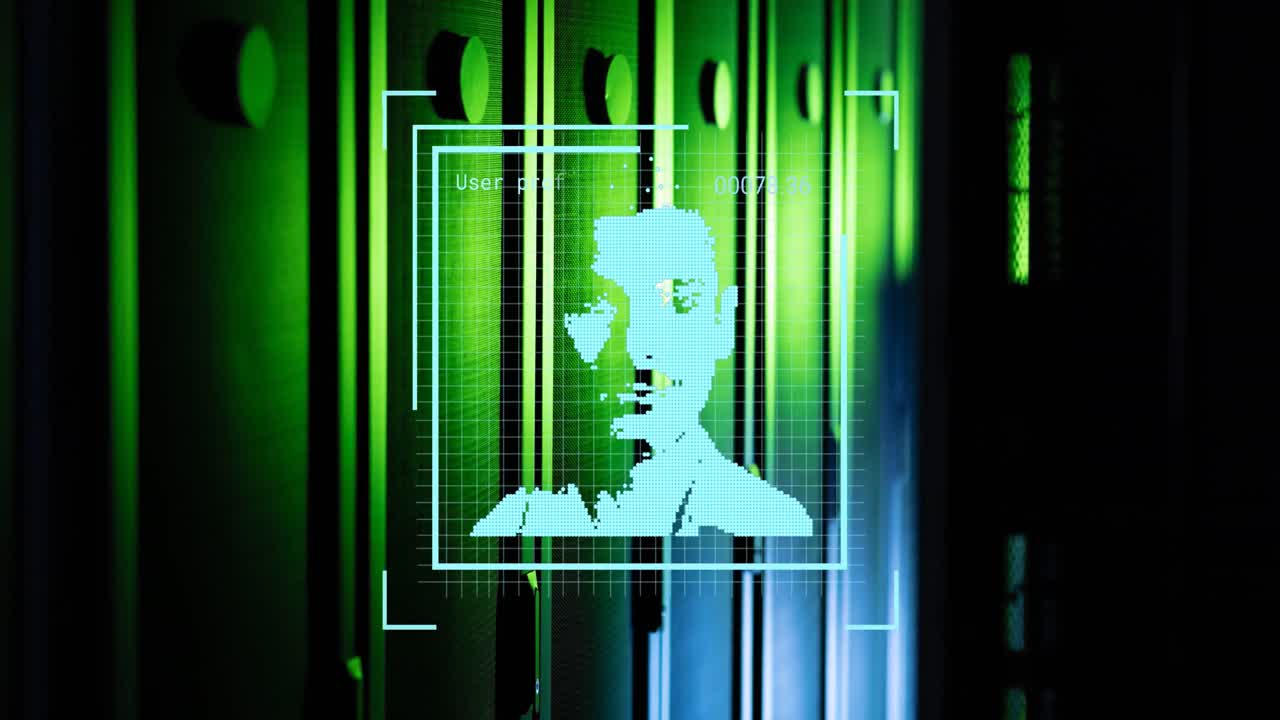 animación del procesamiento de fotos y datos biométricos a través de servidores informáticos