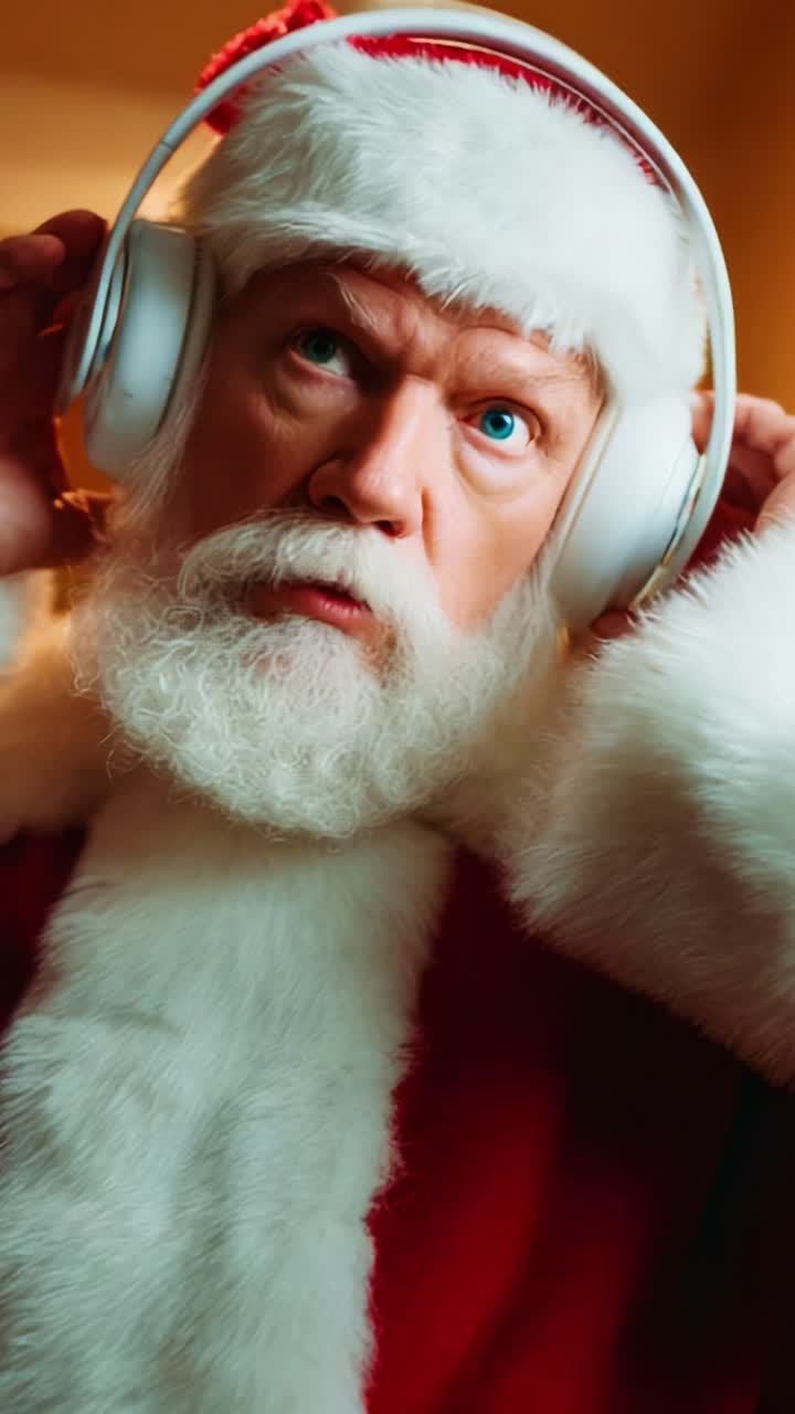 An elderly man with a full white beard and a festive red Santa outfit is joyfully wearing oversized white headphones, embracing the holiday spirit as he prepares to enjoy his favorite music or sounds this Christmas season