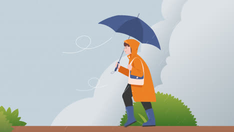 an animation of a flat monsoon season illustration with woman walking in the rain with umbrella