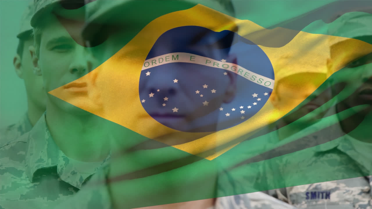 animación de la bandera de brasil sobre varios soldados varones