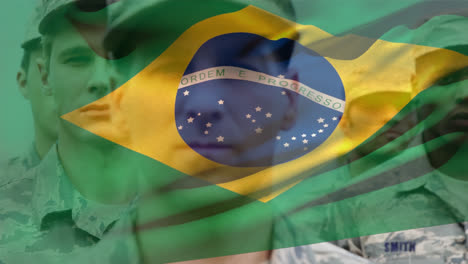 animation of flag of brazil over diverse male soldiers