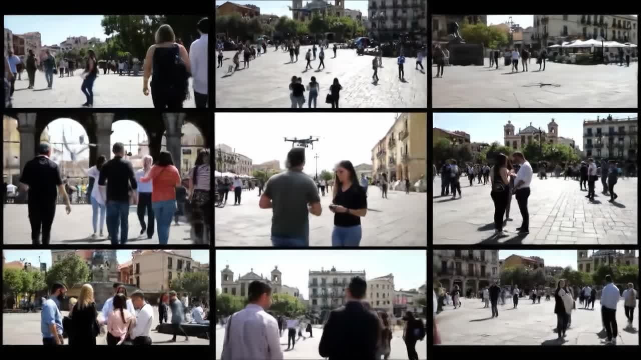 People stroll through a vibrant square in Spain, enjoying the warm weather and lively atmosphere. Friends and couples share moments while a drone captures the energetic scene from above.
