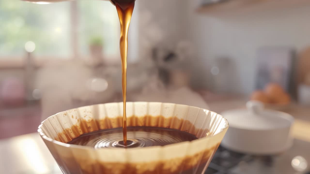 Entering wrist holding kettle spout pouring water into filter on burner in kitchen making coffee
