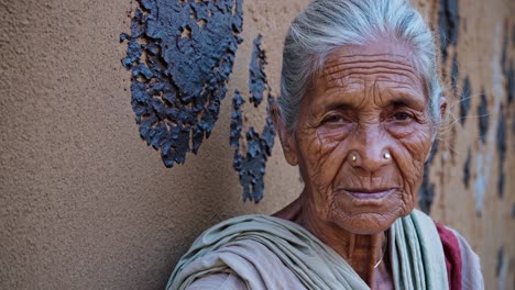 elderly woman with gray hair wearing traditional clothing standing against weathered wall, revealing deep lines of experience and quiet resilience in her serene gaze