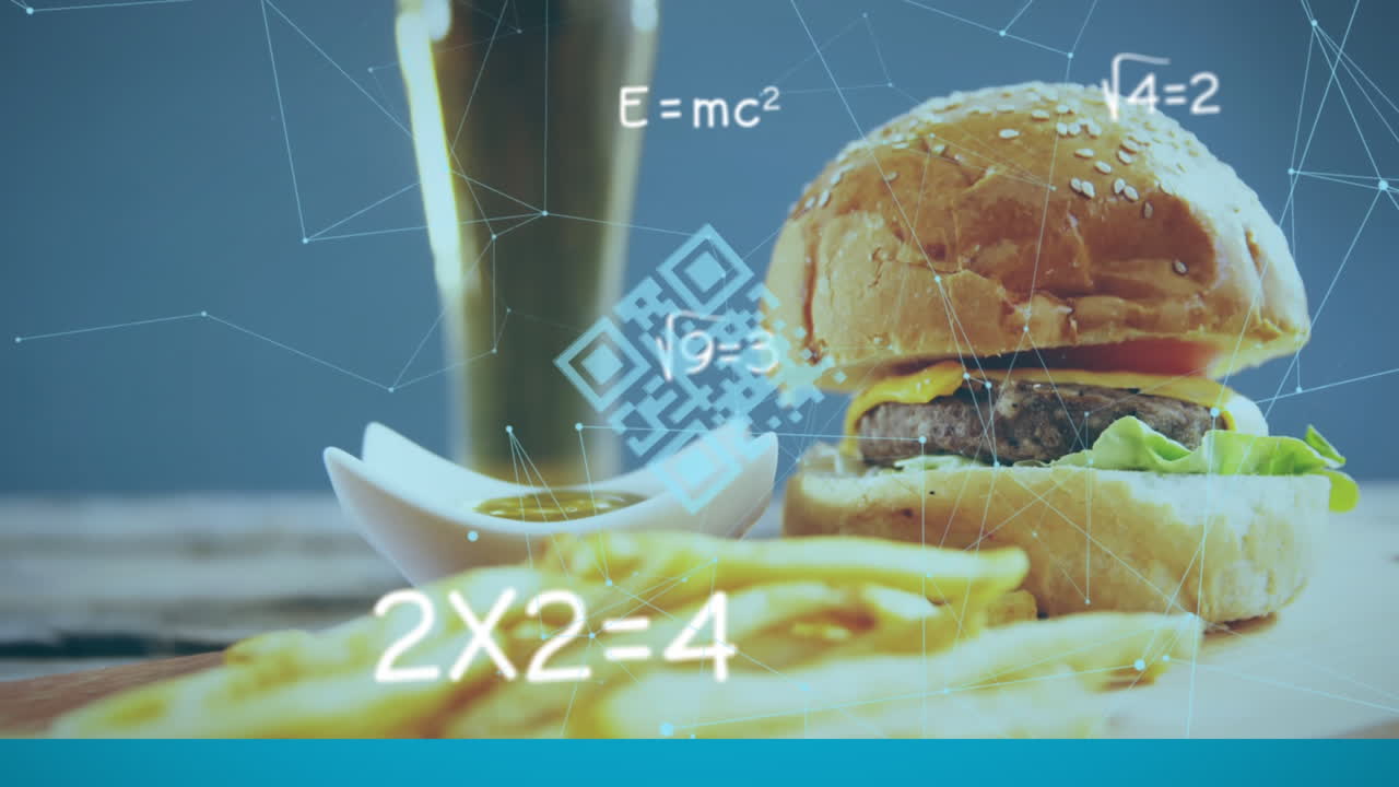 animación de código qr flotante con conexiones web y ecuaciones matemáticas