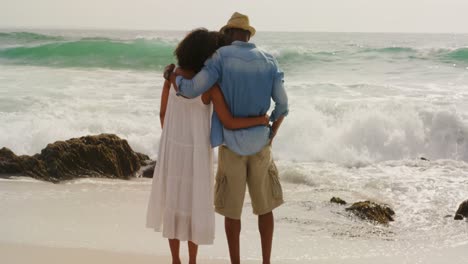Rückansicht-Eines-Afroamerikanischen-Paares,-Das-Zusammen-Am-Strand-Steht-4k