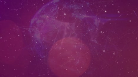 Animation-of-white-particles-over-globe-of-plexus-networks-and-spot-of-light-on-purple-background
