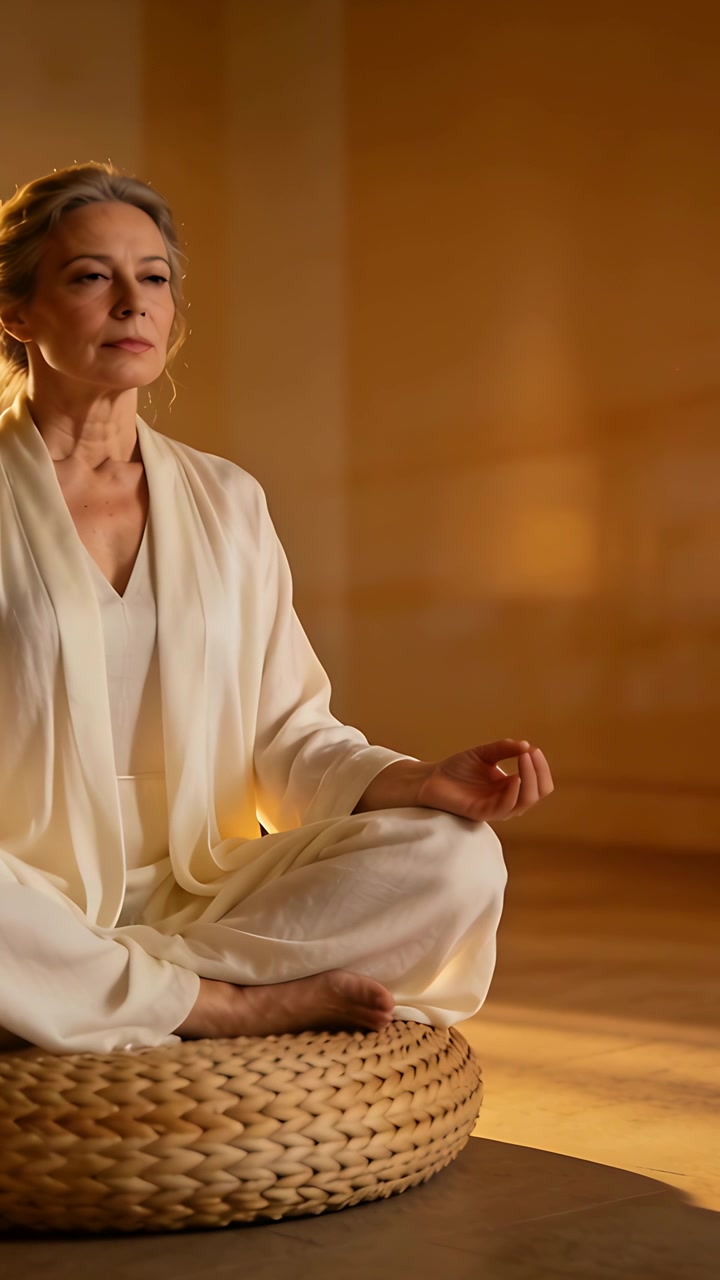Video verticale: Donna che medita in vestaglia su uno zafu in una stanza zen, con cambio di inquadratura che porta all'apertura degli occhi.