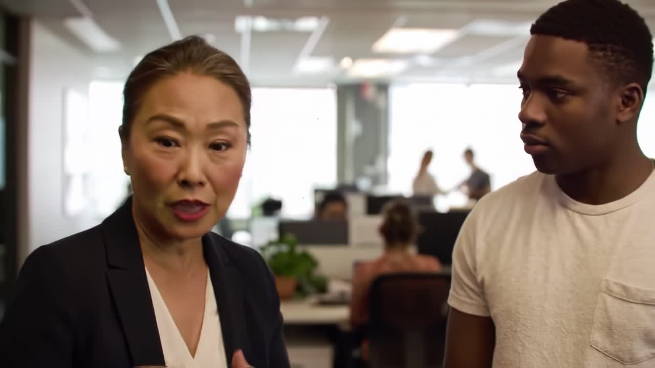 Two professionals engage in a discussion in a busy office. The woman gestures thoughtfully while speaking, showcasing a collaborative atmosphere. Colleagues focus on their tasks at desks nearby.